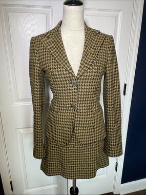 VTG Beymen Club Vintage Houndstooth Skirt Suit Set Blazer & Mini Skirt Tan Brown
